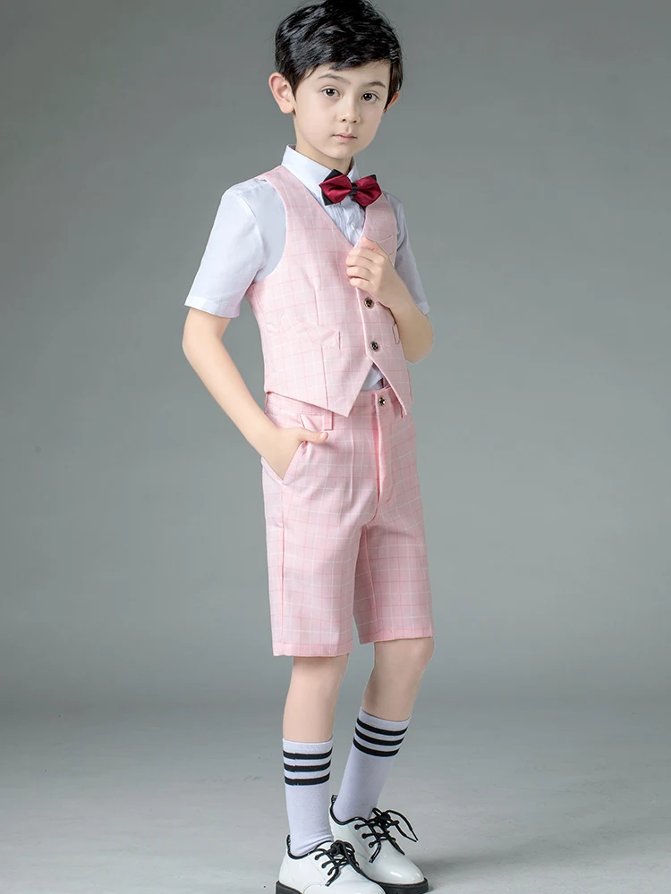 YuanLu костюмы для мальчиков, жилет с коротким рукавом, костюм для свадьбы, вечерние костюмы для детей, розовая клетчатая летняя одежда