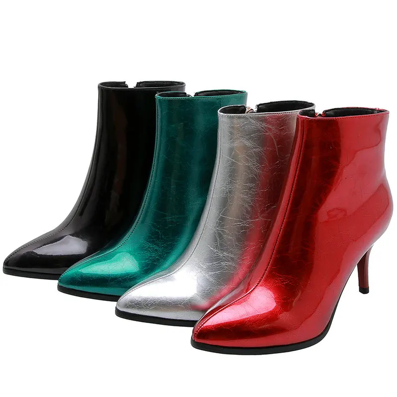 

New Autumn Winter Patent Leather Stiletto Ankle Boots Concise All-Match Women's Shoes Fashion Pointed Toe Zipper Short Boots