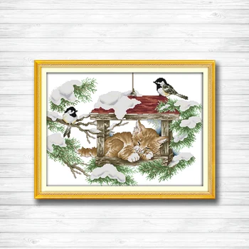 

Deep sleep cat and birds animal diy Painting Counted Printed on canvas DMC 14CT 11CT Cross Stitch Needlework Kits Embroidery Set