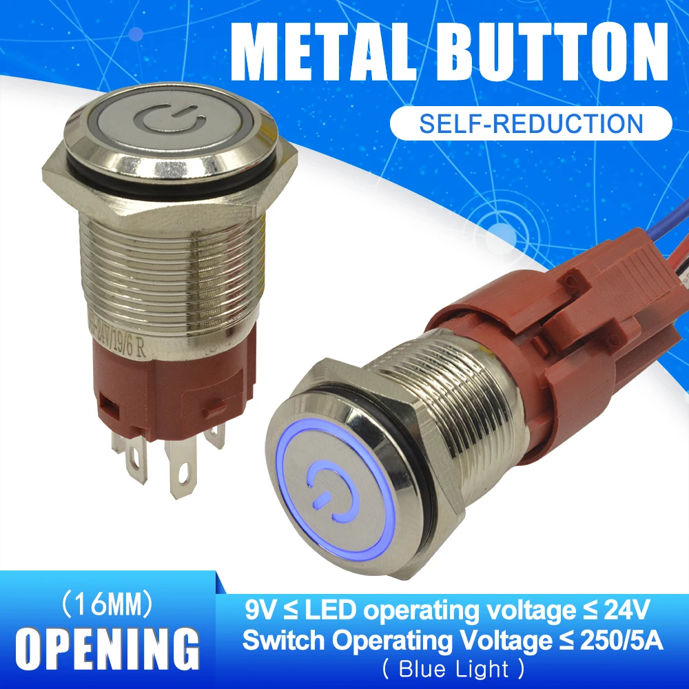

16MM Push Button Switch 250V 5A Self Resetting Circle Round Blue LED Ring Light Switch with Power Symbol 9-24V for Car Auto