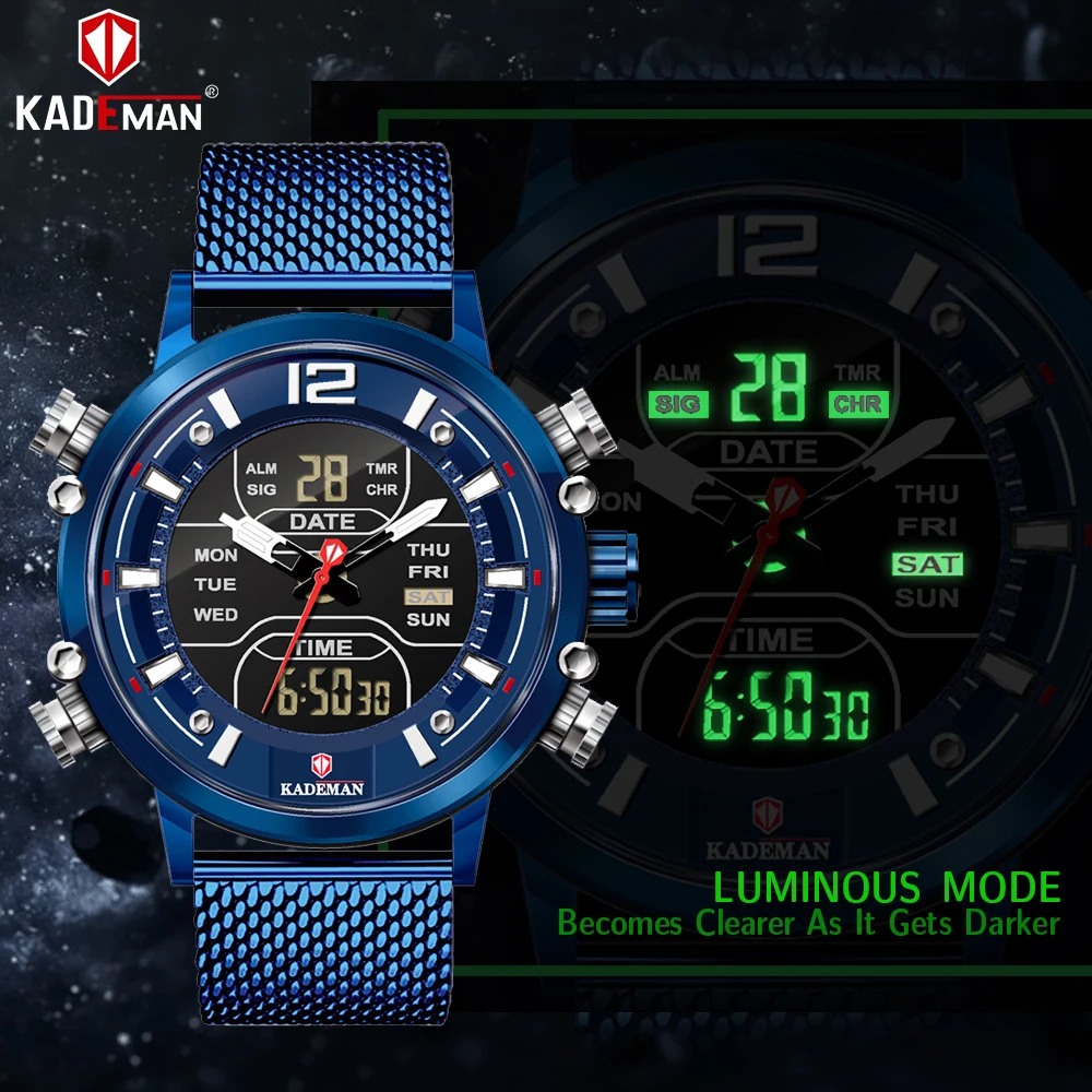 

KADEMAN Men Watchs New Fashion Cool Unique Digital Big Dial Quartz Mesh Stainless Steel Simple Back Light Sport Business Watches