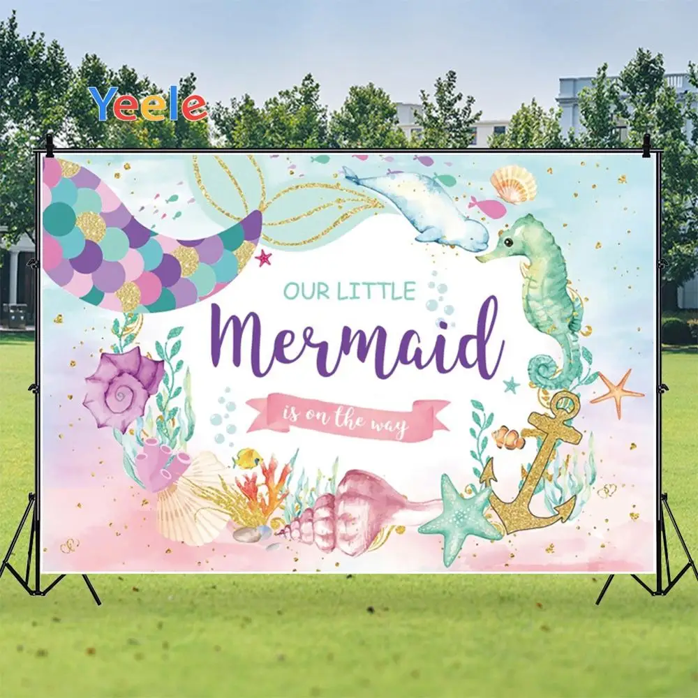 

Yeele Happy Birthday Baby Mermaid Starfish Shells Background Photophone Photography for Photo Studio Decoration Customized Size