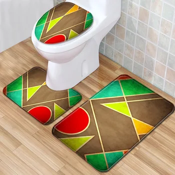

Printed Bathroom Mat Set Geometric Doormat 3pcs Toilet Rug Set Flannel Floor Carpet Washable Toilet Rug Anti-slip Foot Pads