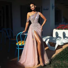

SoDigne One Shoulder Arabic Mermaid Evening Dress Pink Shinny Sequined Formal Party Gowns High Split Prom Dresses Long Women