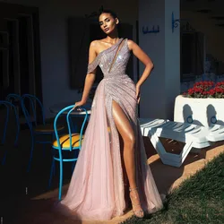 SoDigne One Shoulder Arabic Mermaid Evening Dress Pink Shinny Sequined Formal Party Gowns High Split Prom Dresses Long Women