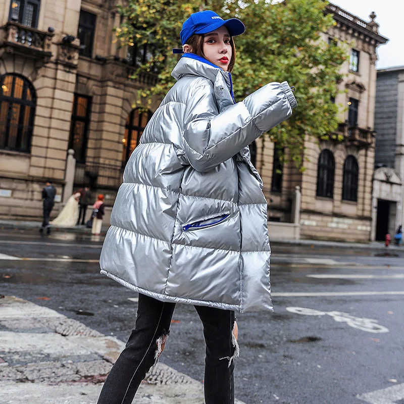 YASUGUOJI модная Серебристая пуховая куртка со стоячим воротником, женское плотное теплое зимнее пальто, женская уличная одежда с хлопковой подкладкой, женские пальто