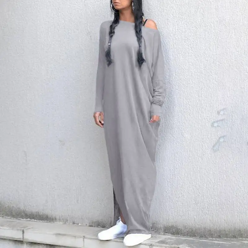 Fashion 5XL Women Maxi Dress Celmia Sexy Off Shoulder Long Dress Autumn Solid Long Sleeve Casual Split Hem Robe Plus Size Dress