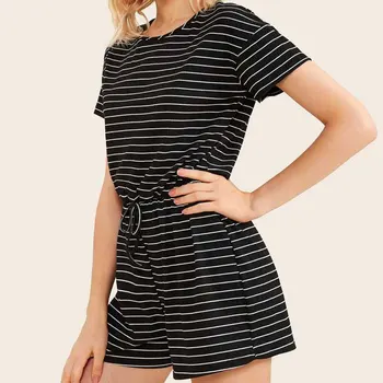 

New Women's Black Horizontal Stripes Round Neck Short Sleeve Striped Knitted Jumpsuit Women