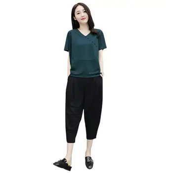 

MISSKY 2Pcs/set Women Homewear Suit V-neck T-shirt + Seventh Harem Pants Summer Loose Casual Clothing Female Sets