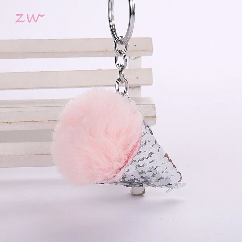 

Sequins Fur Ball Ice Cream Cone Keychain Furry Acrylic Key Chain Ring Keyring Pompon Backpack Women Shoulder Bags Pendant