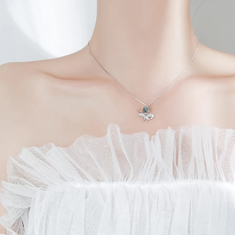 Qevila Natural Crystal Necklace 100% 925 Sterling Silver Clavicle Chain Cute Gray Moonstone Little Devil Long Chain Fashion Boho (6)