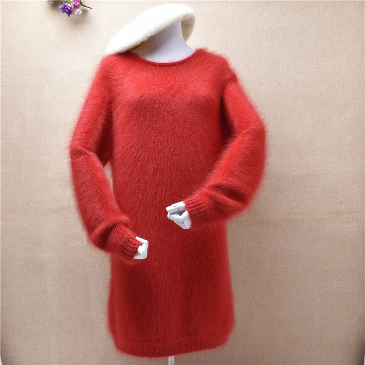 Top quality real mink cashmere knitted winter long thick warm pullover christmas red dress angora fur jumper sweater top |