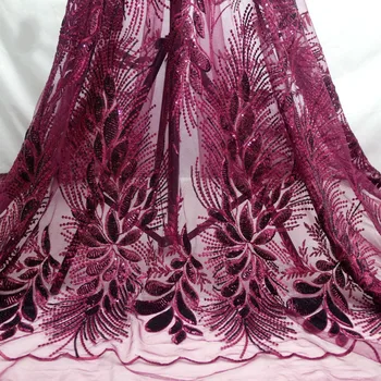 

Wine Red African Embroidered Sequin Lace Fabric 2020 High quality French Mesh Tull Lace Fabric For Wedding Party Dress 1Yard
