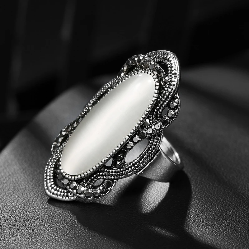 Finger Ring Silver Ring Bohemian Black Stone Ring Silver Color Mosaic AAA Gray Crystal Big Oval Rings For Women Vintage Jewelry finger ring silver ring