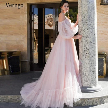 

Verngo 2021 New Elegant Pink Wedding Dress For Bridal Puffy Long Sleeve Off the Shoulder Simple Bridal Gowns Princess Gelinlik
