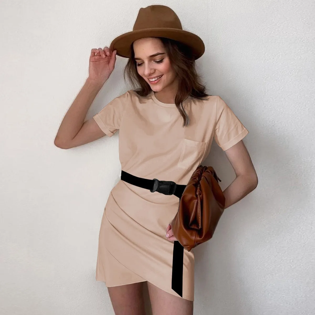 summer solid color casual loose pockets mini dress