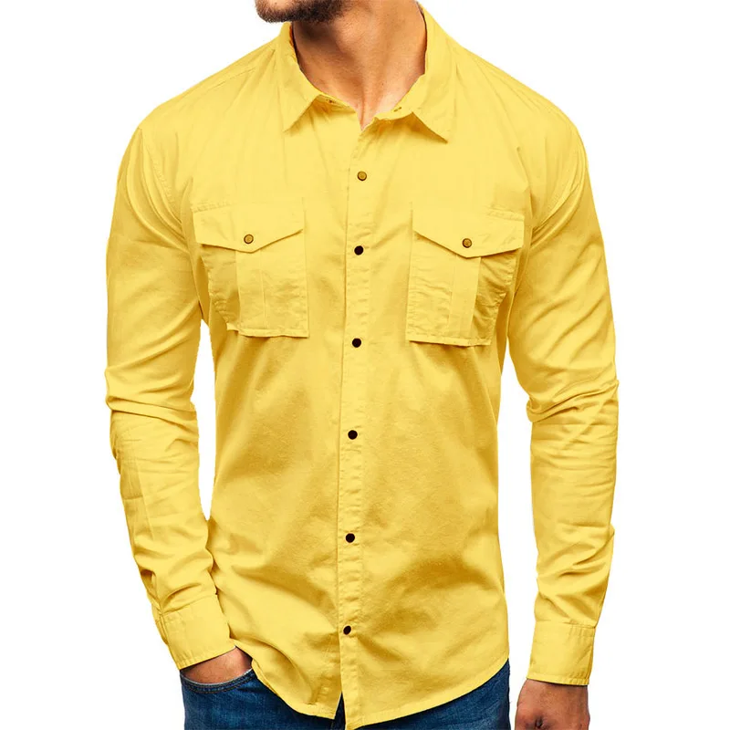 Повседневная желтая Мужская рубашка с длинным рукавом, винтажная Мужская рубашка с карманами на пуговицах, осенняя мужская приталенная рубашка, роскошная хлопковая одежда