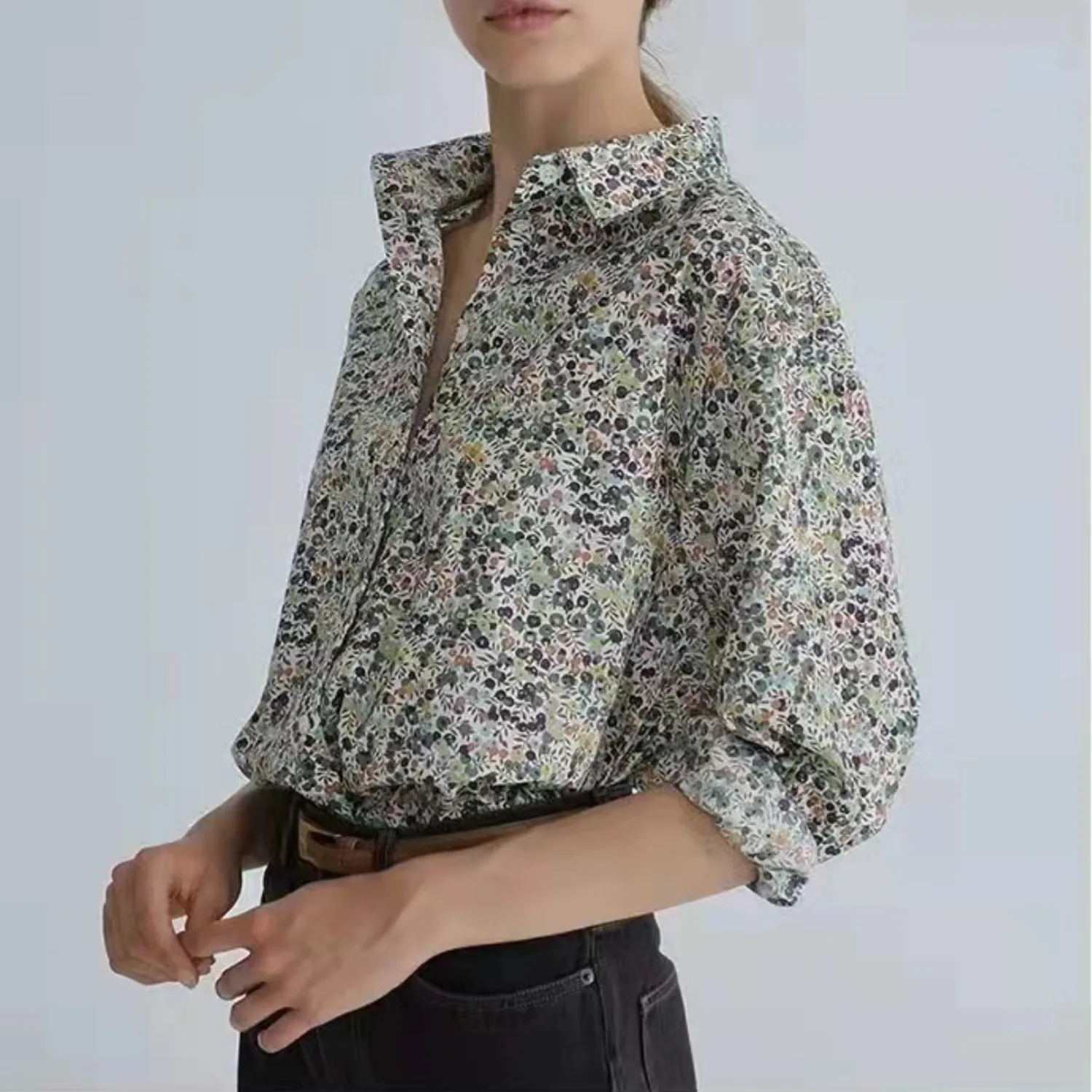 2022 Spring Women Long Sleeve Shirt 100% Cotton Turn-down Collar Floral Printing Female Single Breasted Blouse | Женская одежда