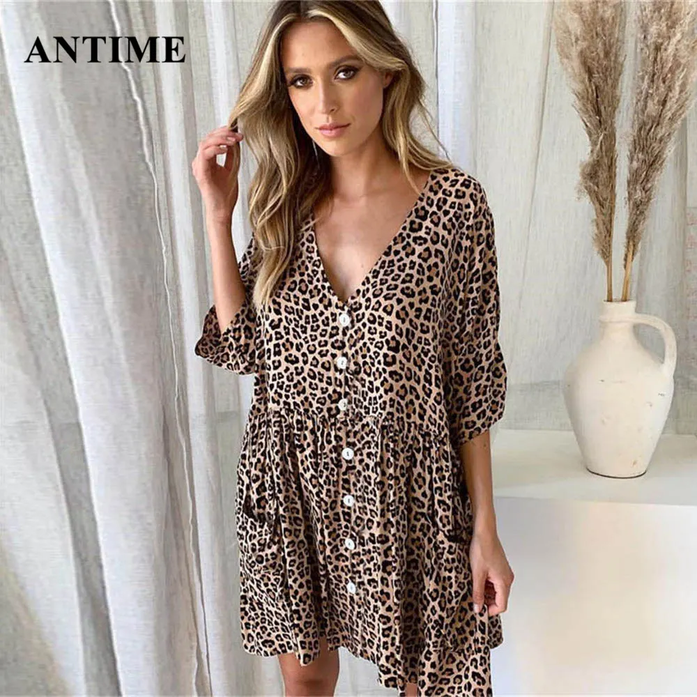 

Antime Loose Leopard Print Fashion Women Dress Pockets Button V Neck Short Sleeve Beach Summer Mini Dress