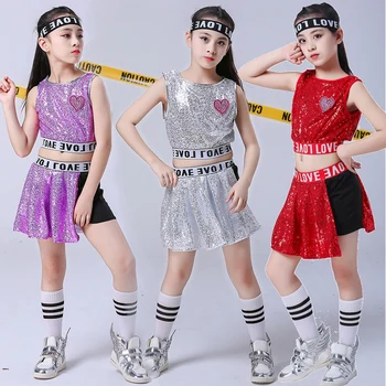 

Songyuexia new Childrens Jazz Dance Modern Cheerleading Costumes Hip Hop Girls Crop Top skirt Sequins Jazz Dance Performance Set