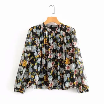 

New Women Fashion Ink Painting Floral Print Casual Pleated Shirts Blouse Women O Neck Chiffon Smock Roupas Femininas Tops