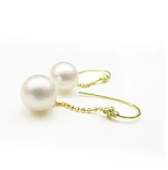 

Free Shipping AAA 9-10MM White Freshwater Pearl Diamond Hook Drop Earrings 18K Yellow Gold New