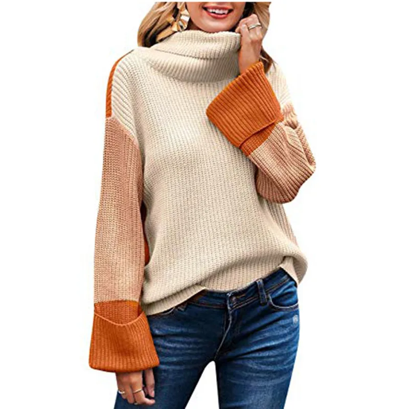  Women Patchwork Turtleneck Sweaters 2019 Winter Warm Casual Long Sleeve Pullover Female Jumpers Wom