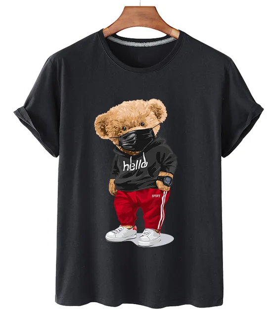 100% Cotton Sports Mask Bear Print Short-sleeved T-shirt Female Half-sleeved Summer Casual Oversized T-shirt Ladies Shirt S-4XL black