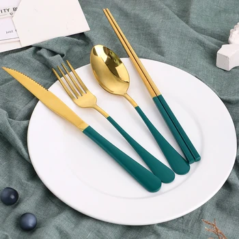 

Nordic Stainless Tableware Golden Western Wedding Knife Spoon Fork Set 4pcs Kitchen Dinner Cutlery Set Servies Dinnerware DA60CJ