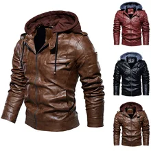 Модные мужские кожаные куртки пальто Осень Зима Теплые Куртки из искусственной кожи с капюшоном мужские ветровки с капюшоном байкерские пальто