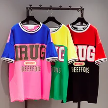 Новинка, Корейская женская одежда, свободная цветная Спортивная футболка средней длины с короткими рукавами и большим буквенным принтом