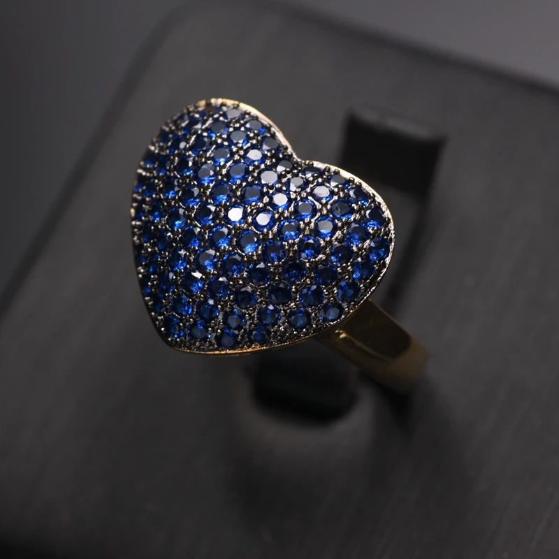 Великолепное многоцветное кольцо в форме сердца для женщин, полностью проложенное микро кубическим цирконием, регулируемое Золотое CZ роскошное свадебное кольцо
