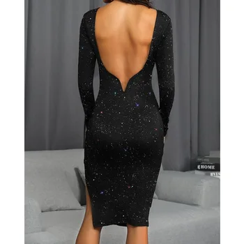 

Glitter Open Back Long Sleeve Bodycon Dress