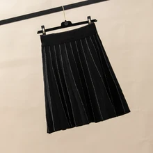 Юбки Женские зимние корейский стиль винтажная полосатая тонкая линия Высокая талия трикотажная длинная юбка черная юбка с бахромой