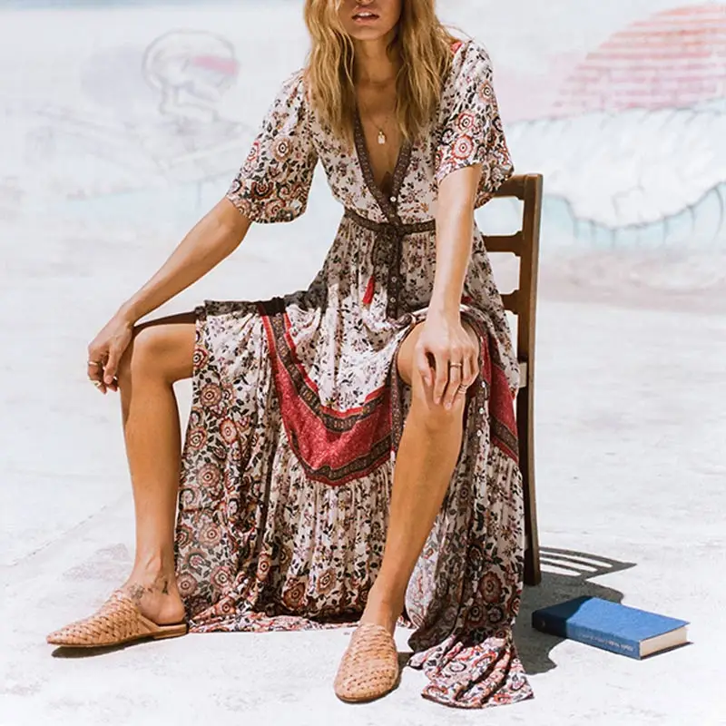 Новинка, женское весеннее пляжное платье в народном стиле с цветочным принтом, летние платья в стиле бохо, женское винтажное свободное пляжное платье Vestidos