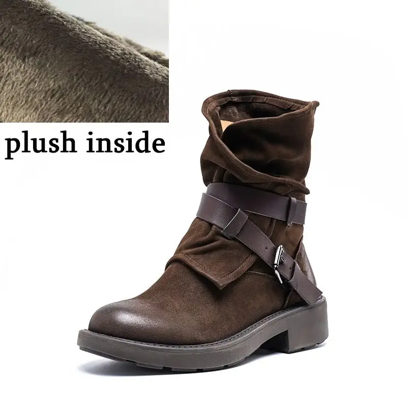plush inside ALLBITEFO/горячая распродажа; женские ботинки из натуральной кожи с ремешком и пряжкой; сезон осень-зима; ботильоны с круглым носком; модные кожаные ботинки для девочек - Цвет: plush inside