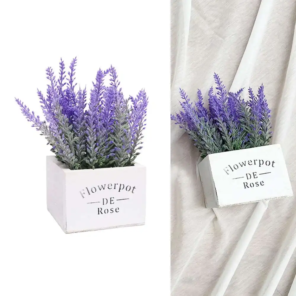 Artificial Lavender Fake Flower Plant in Rustic Pot Wooden Box for