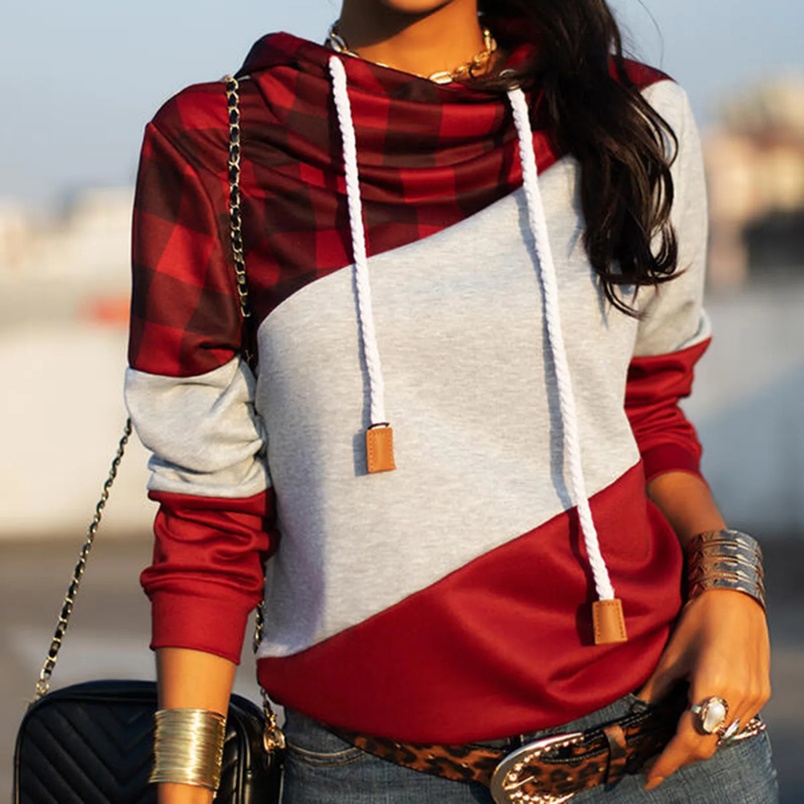 Women Turtleneck Hoodies Sweatshirt Sexy Color Bump Stripe Stitching Color Pocket Fall Winter Crop Workout Long Sleeve Cross Top 1