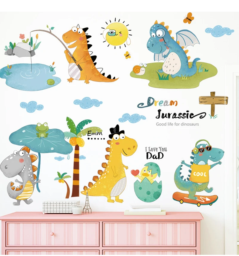 Cartoon volcano little dinosaur wall stickers creative kids room decoration cute sticker self-adhesive baby bedroom wall decor