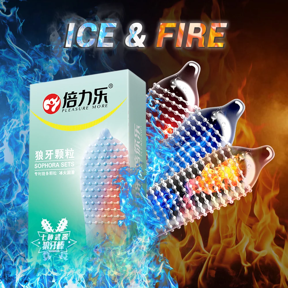 Beilile 10Pcs Fire &Amp; Ice Spike Condoms Large Dots Orgasm G-Spot Massage Penis Sleeve For Sex With Studs Funny Condoms For Men