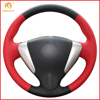 

MEWANT Black Red Genuine Leather Car Steering Wheel Cover for Nissan Tiida Sylphy Sentra Versa Note 2014-2017 Accessories Parts