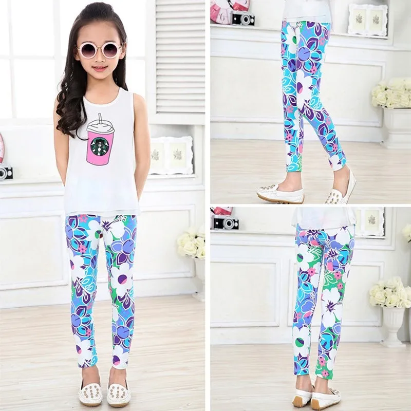 Леггинсы брюки для девочек 2-14 лет длинные эластичные брюки с цветочным принтом