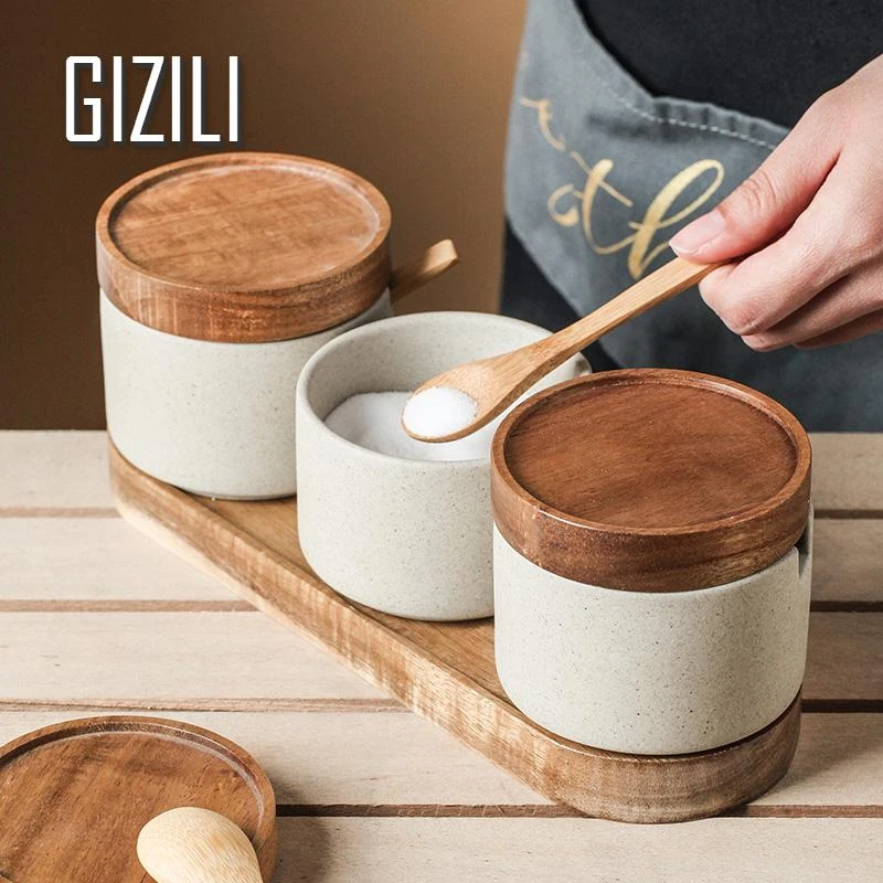 Kitchen Ceramic Seasoning Jar With Wooden Lid And Spoon Salt Pepper