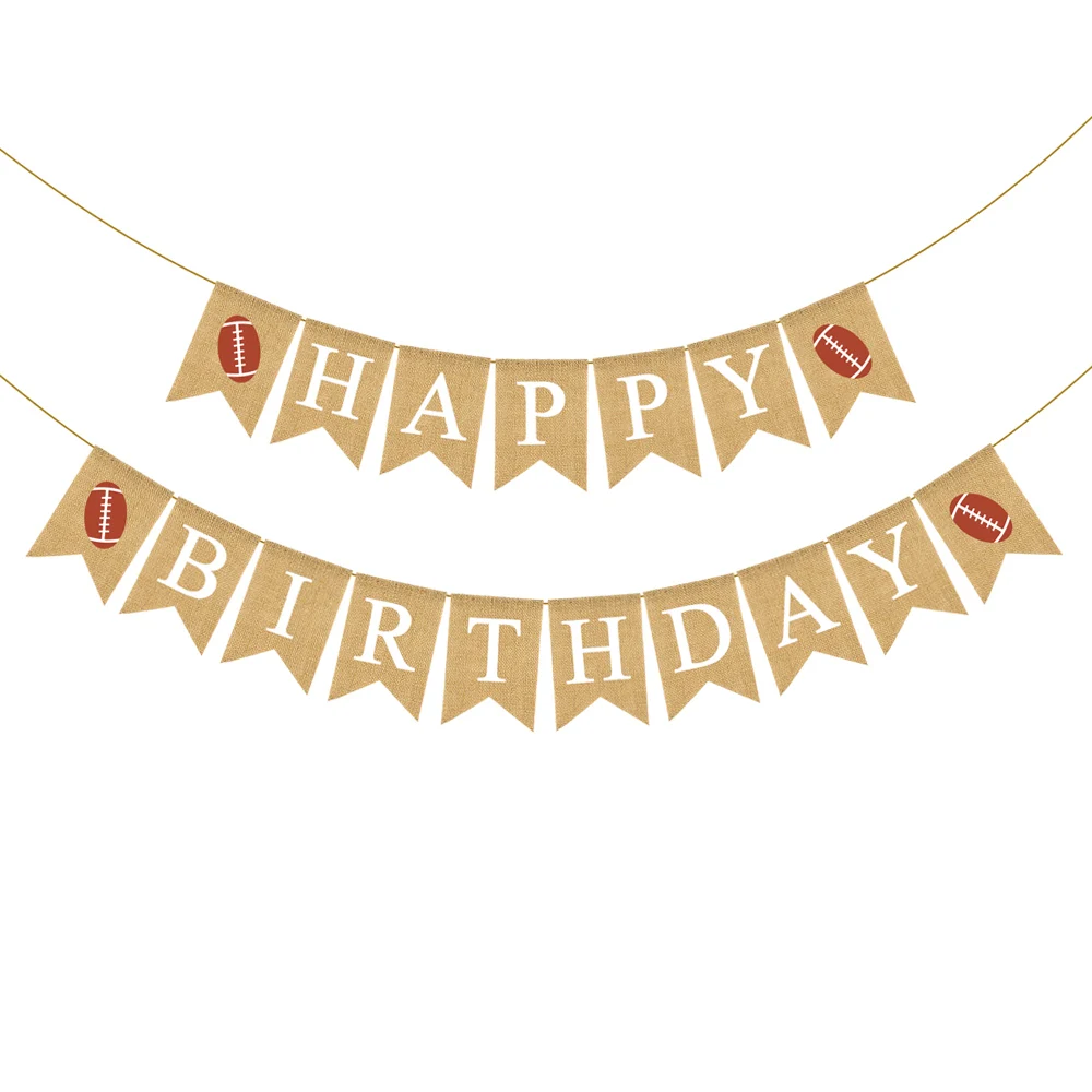 

Jute Burlap Happy Birthday Banner with Rugby American Football Theme Baby Birthday Party Wall Garland Decoration