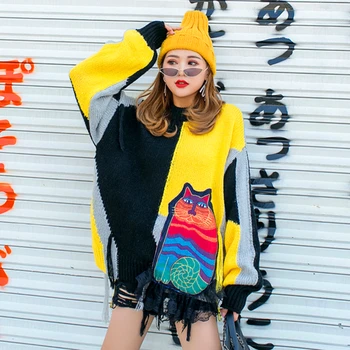 

Thai Tide merek musim gugur baru kucing patch sweater desain rasa kontras warna kecil angin malas pullover lengan panjang