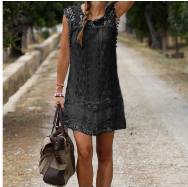 Summer Sexy Sleeveless White Lace Women Elegant Pom Pom Trim Floral Hollow Out Mini Short Dress Black
