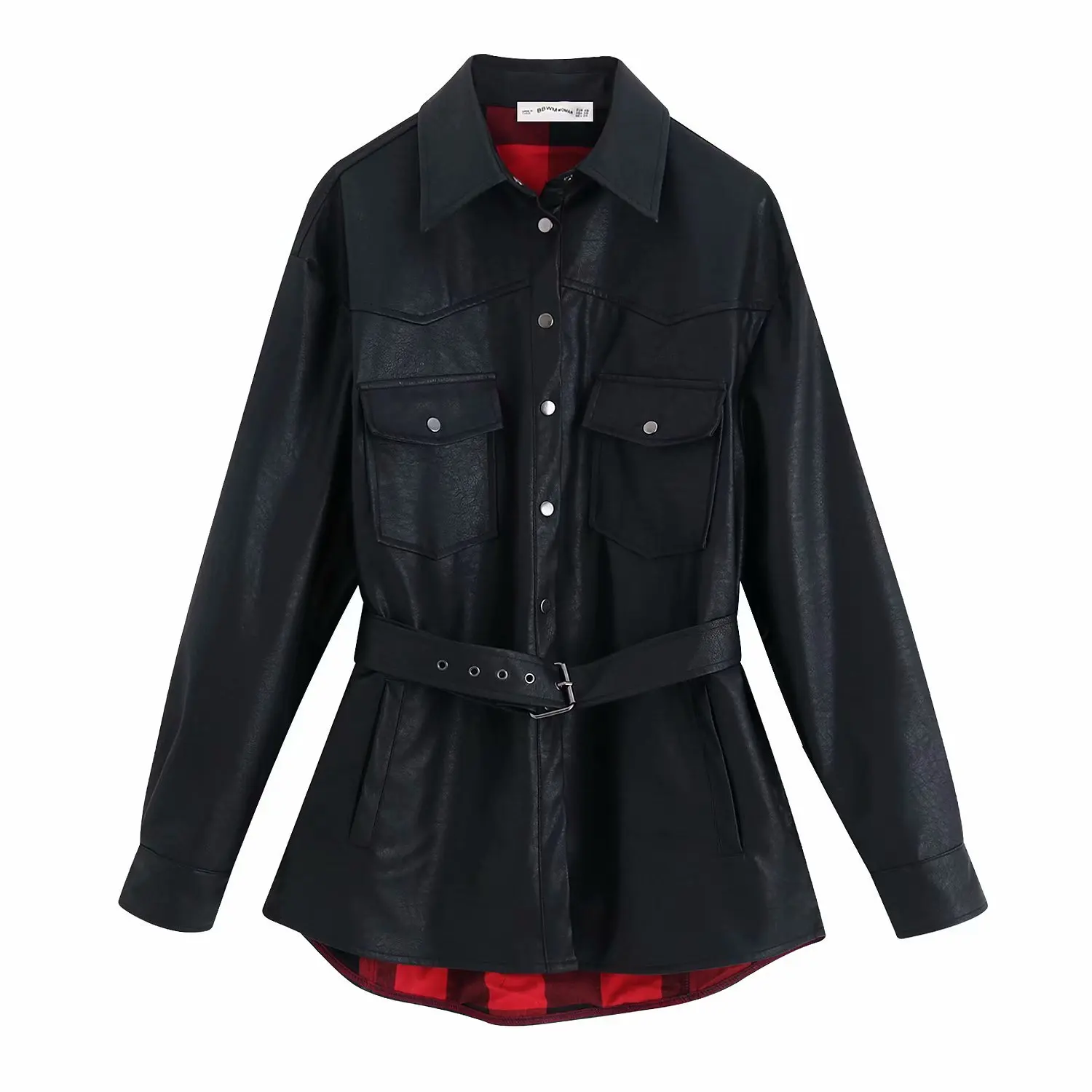 Imitation leather Jacket Belt Single Breasted Slim Long Jacket Women Streetwear Black Button Coat Windbreaker