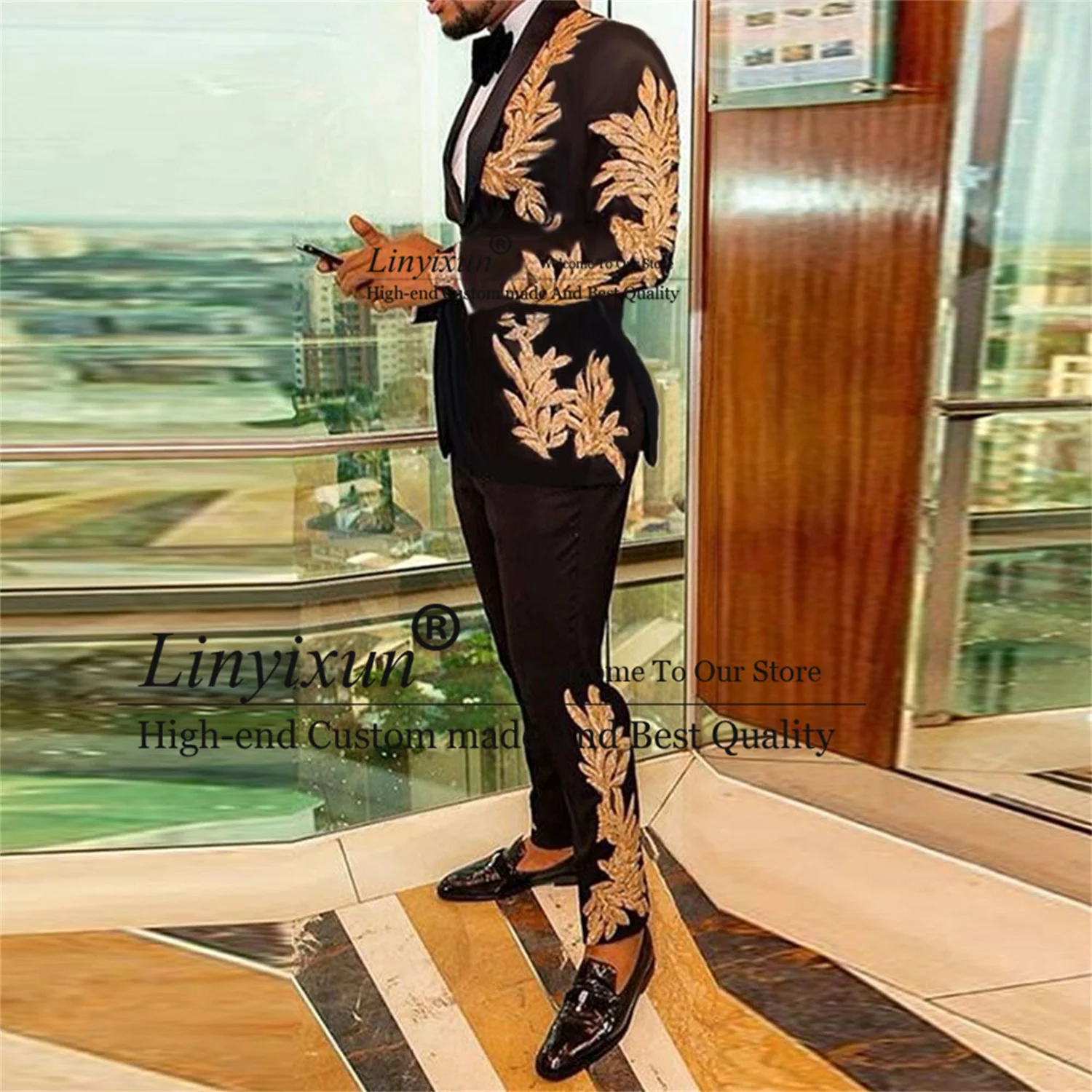 Shiny Beaded Gold Embroidery Mens Slim Fit Suits 2 Piece Sets (Jacket +Pants) Groom Tuxedos Male Business Blazer Terno Masculino for mens suit