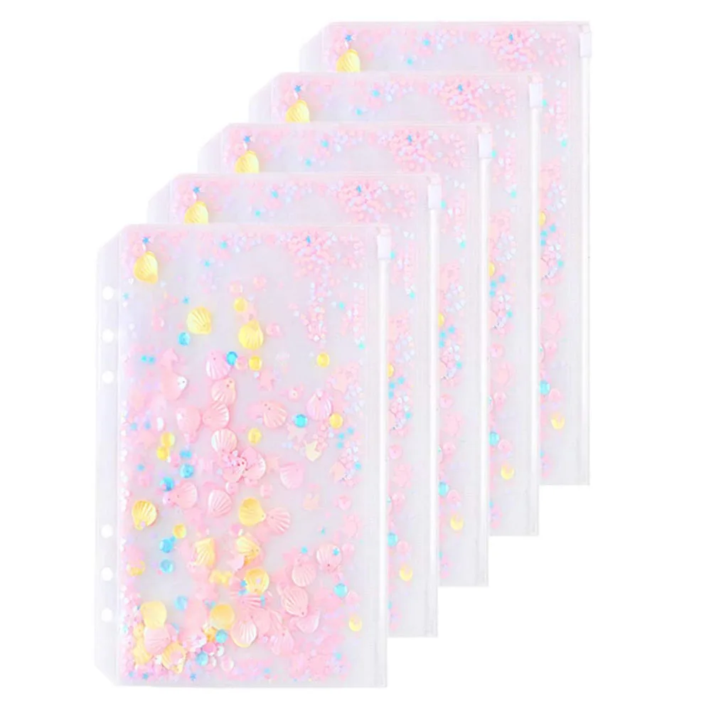 5 uds brillo lindo lentejuelas A6 tamaño bolsillo interior estándar de 6 agujero archivador de hoja suelta de PVC transparente archivador con cremallera bolsa de almacenamiento