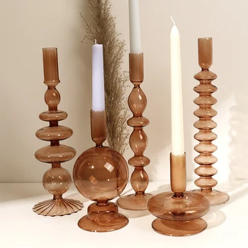 Brown Glass Candle Stick Holders Table Decoration Candles Holder for Candlestick Dinner Candles Party Wedding Centerpieces home